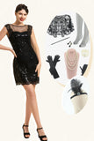1920s Vestido Con Conjunto de Accesorios Lentejuelas Negro