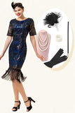1920s Vestido Con Conjunto de Accesorios Flecos Azul