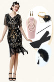 Negro Vestido Vintage Con Conjunto de Accesorios Flecos
