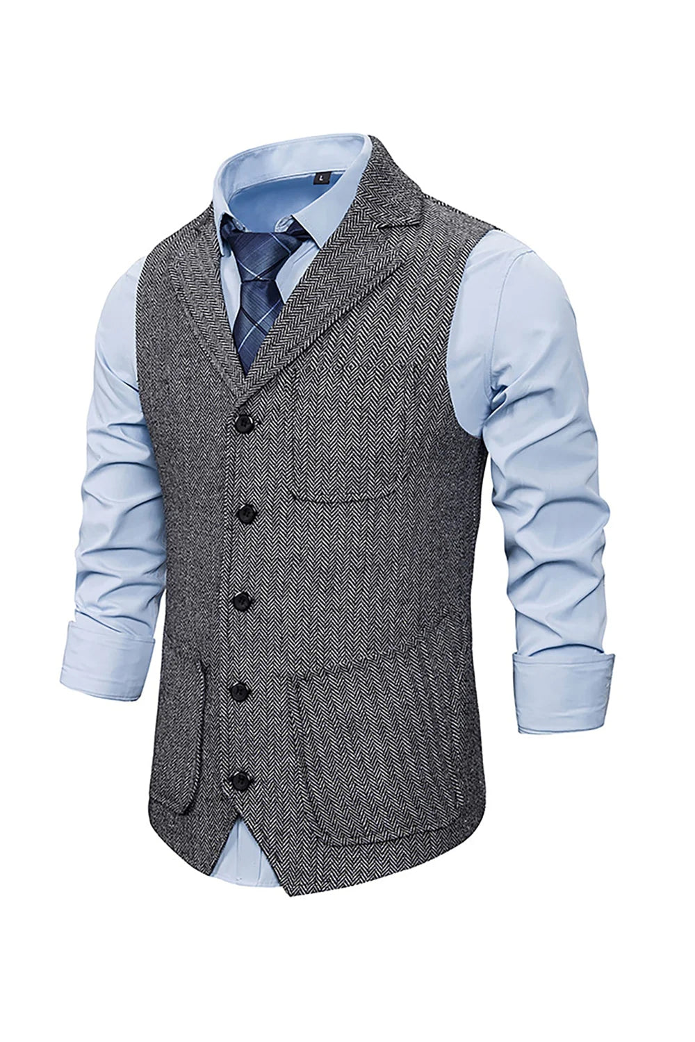 Chaleco de solapa gris con muescas para hombre con conjunto de accesorios
