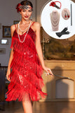 Vestido con solapa de lentejuelas rojas brillantes de la década de 1920 con accesorios de los años 20