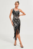 Lentejuelas negras brillantes Flecos Vestido asimétrico de Gatsby de la década de 1920 con conjunto de accesorios