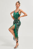 Lentejuelas Verde Oscuro Brillantes Flecos Vestido Gatsby asimétrico de la década de 1920 con conjunto de accesorios
