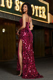 Vestido de fiesta de lentejuelas fucsia con tirantes finos de sirena brillante y conjunto de accesorios