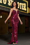 Vestido de fiesta de lentejuelas fucsia con tirantes finos de sirena brillante y conjunto de accesorios
