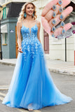 Vestido de fiesta largo de tul con apliques de línea A azul con accesorio