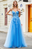 Vestido de fiesta largo de tul con apliques de línea A azul con accesorio