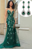 Vestido largo de fiesta de sirena verde oscuro brillante con accesorio