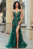 Vestido largo de fiesta de sirena verde oscuro brillante con accesorio