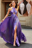 Impresionante vestido de fiesta largo púrpura con cuello halter de una línea con accesorio
