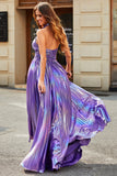Impresionante vestido de fiesta largo púrpura con cuello halter de una línea con accesorio