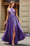 Impresionante vestido de fiesta largo púrpura con cuello halter de una línea con accesorio