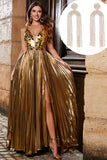 Impresionante vestido de fiesta largo dorado con cuello en V de una línea con accesorio