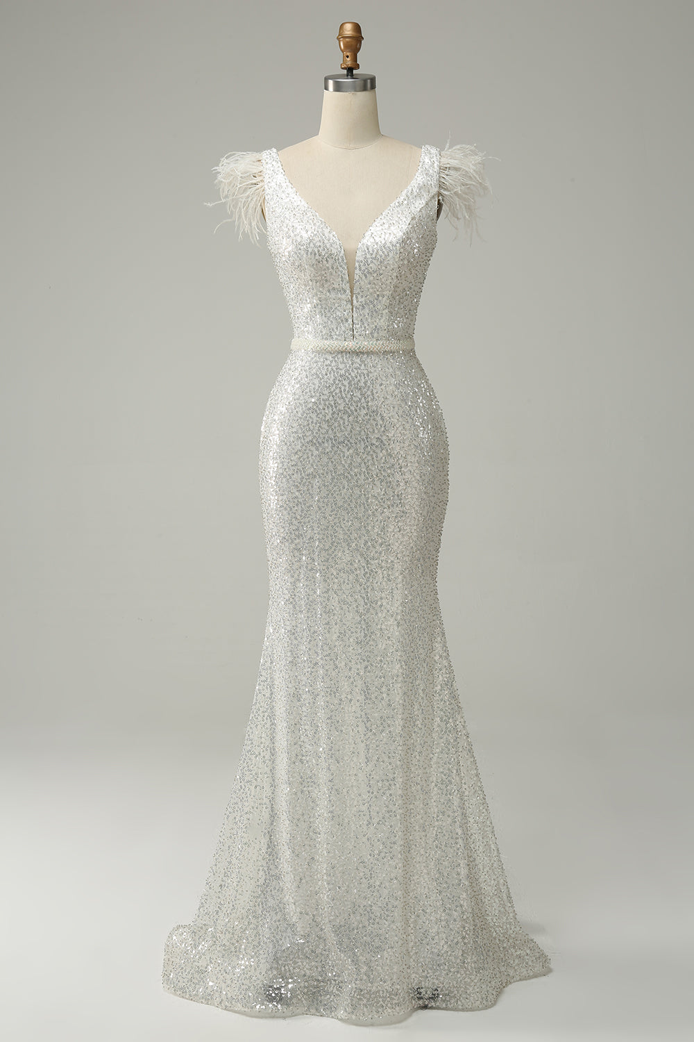 Lentejuelas Blanco Sirena Vestido de Fiesta Con Plumas