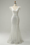 Lentejuelas Blanco Sirena Vestido de Fiesta Con Plumas