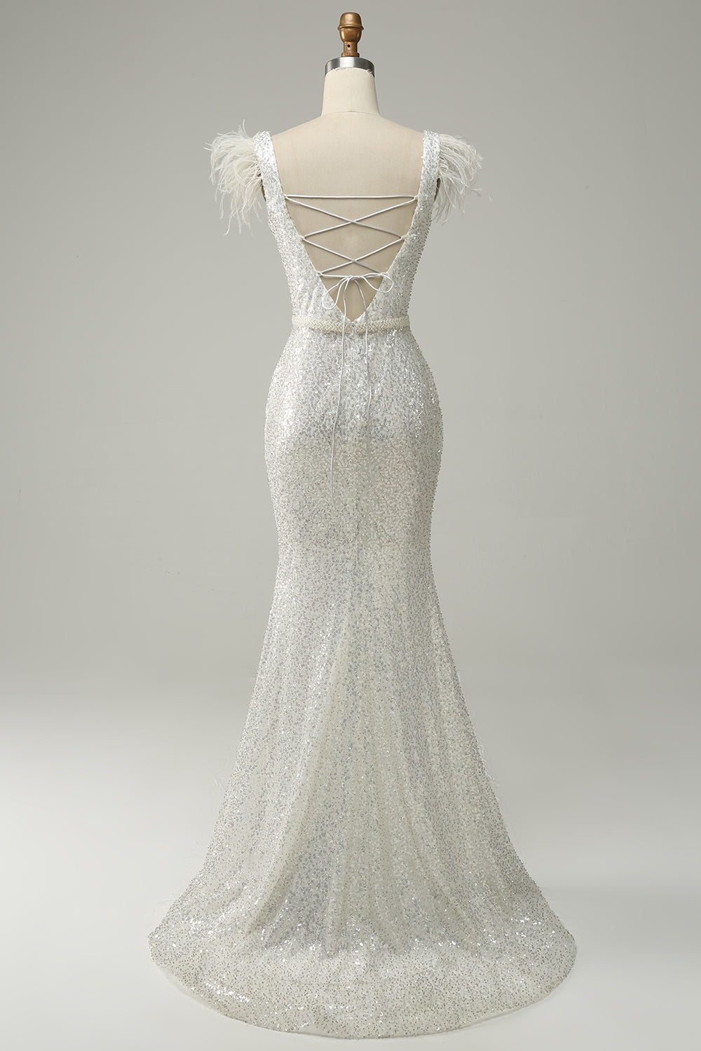 Lentejuelas Blanco Sirena Vestido de Fiesta Con Plumas