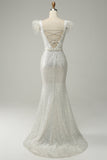 Lentejuelas Blanco Sirena Vestido de Fiesta Con Plumas
