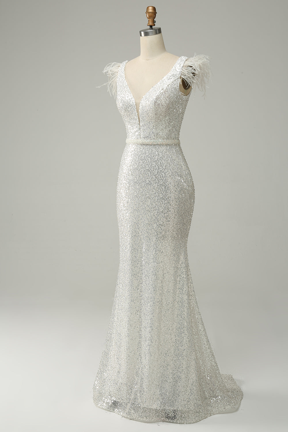 Lentejuelas Blanco Sirena Vestido de Fiesta Con Plumas