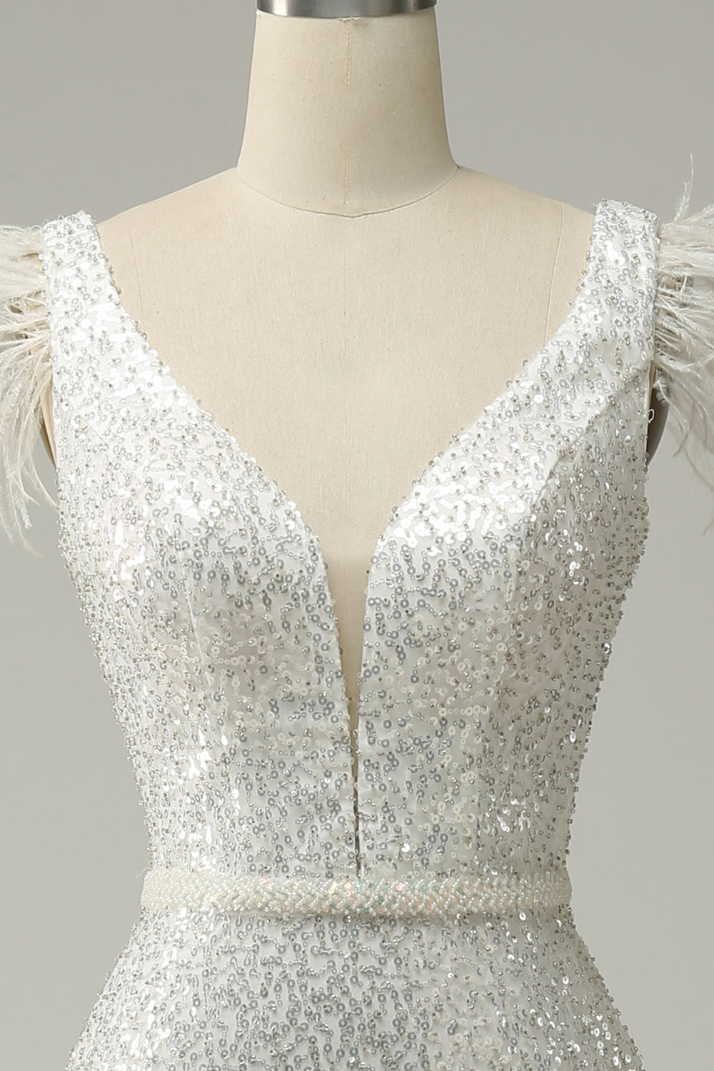 Lentejuelas Blanco Sirena Vestido de Fiesta Con Plumas