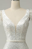 Lentejuelas Blanco Sirena Vestido de Fiesta Con Plumas