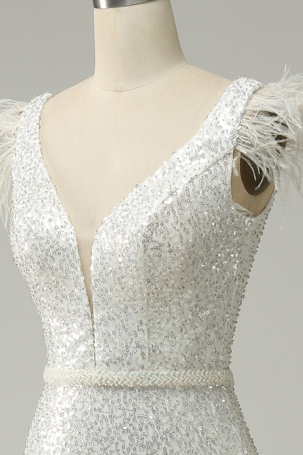 Lentejuelas Blanco Sirena Vestido de Fiesta Con Plumas