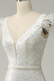 Lentejuelas Blanco Sirena Vestido de Fiesta Con Plumas