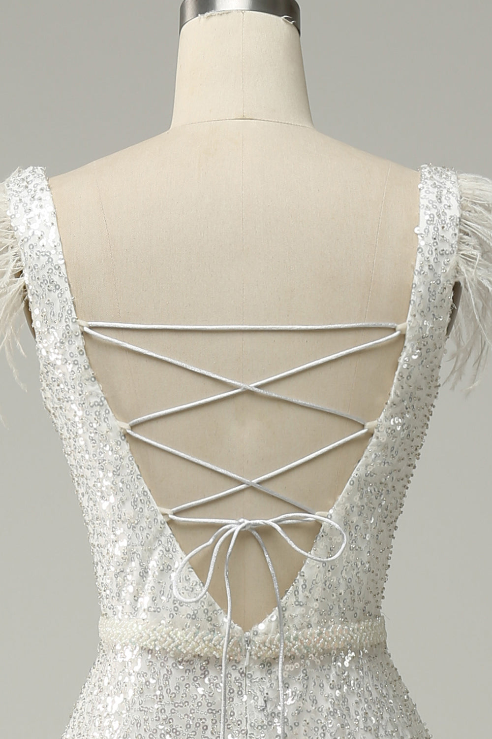 Lentejuelas Blanco Sirena Vestido de Fiesta Con Plumas
