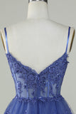 Lindo A Line Spaghetti Straps Dark Blue Sparkly Corset Homecoming Dress