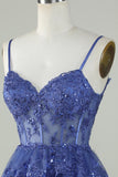 Lindo A Line Spaghetti Straps Dark Blue Sparkly Corset Homecoming Dress