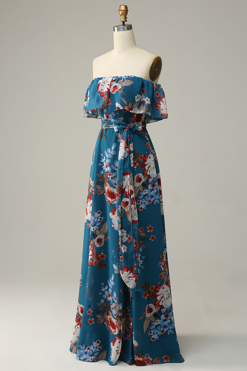 Vestido de dama de honor largo de gasa floral azul oscuro