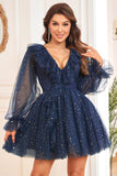 Vestido Corto de Cóctel Azul Marino Cuello en V Mangas Largas