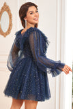Vestido Corto de Cóctel Azul Marino Cuello en V Mangas Largas