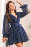 Vestido Corto de Cóctel Azul Marino Cuello en V Mangas Largas