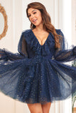 Vestido Corto de Cóctel Azul Marino Cuello en V Mangas Largas