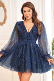 Vestido Corto de Cóctel Azul Marino Cuello en V Mangas Largas