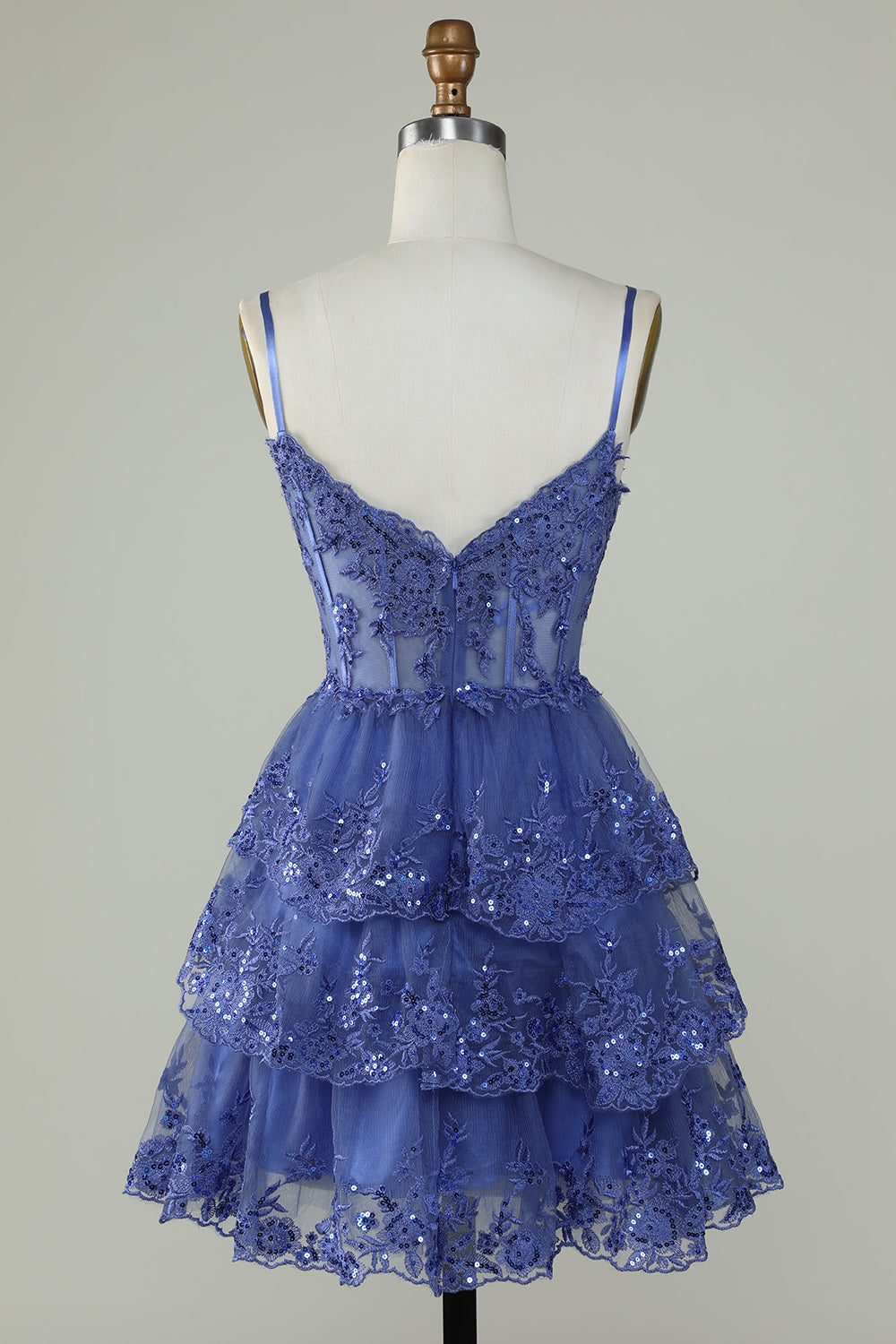 Lindo A Line Spaghetti Straps Dark Blue Sparkly Corset Homecoming Dress