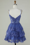 Lindo A Line Spaghetti Straps Dark Blue Sparkly Corset Homecoming Dress