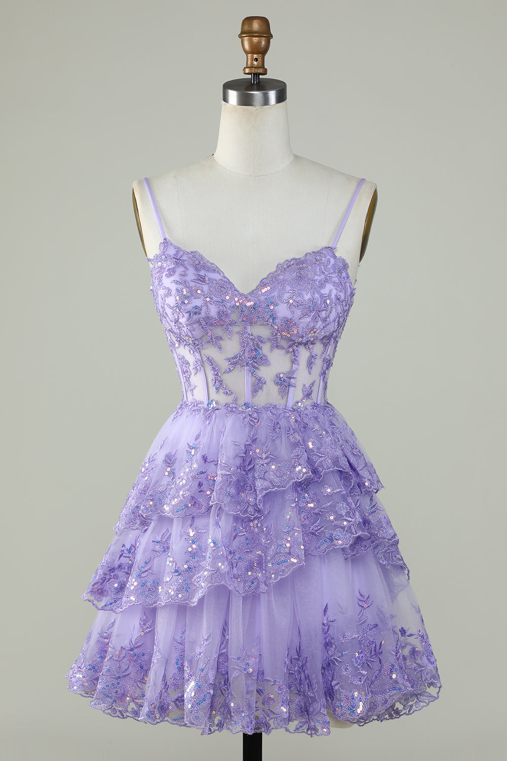 Lindo A Line Spaghetti Straps Dark Blue Sparkly Corset Homecoming Dress