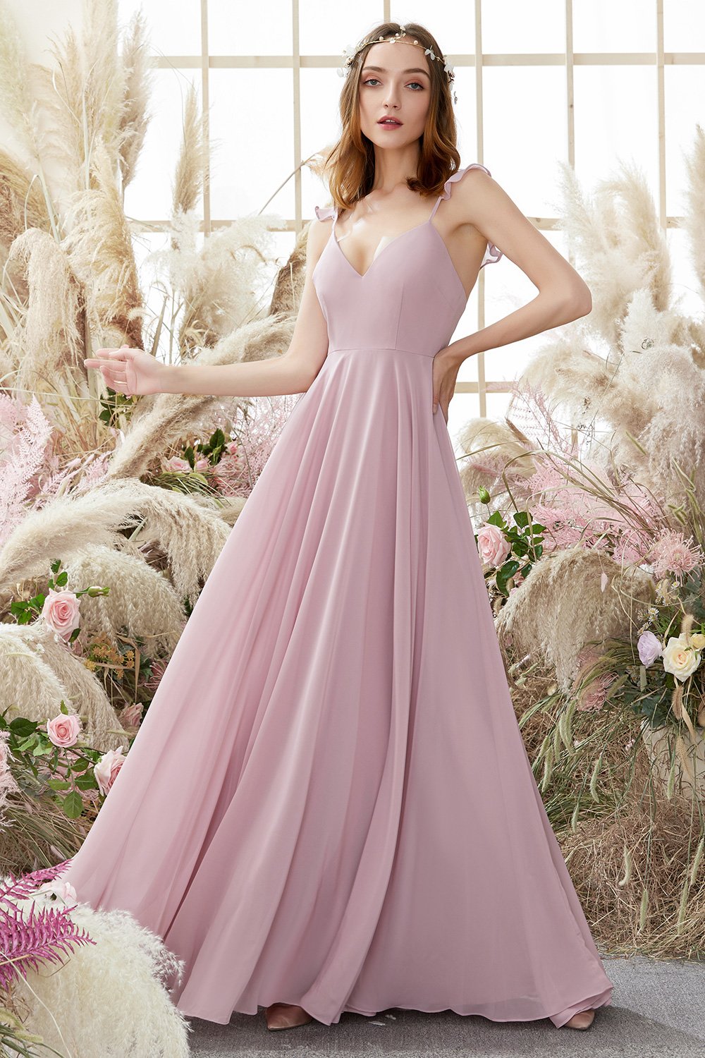 Blush Spaghetti correas de la gasa dama de honor vestido