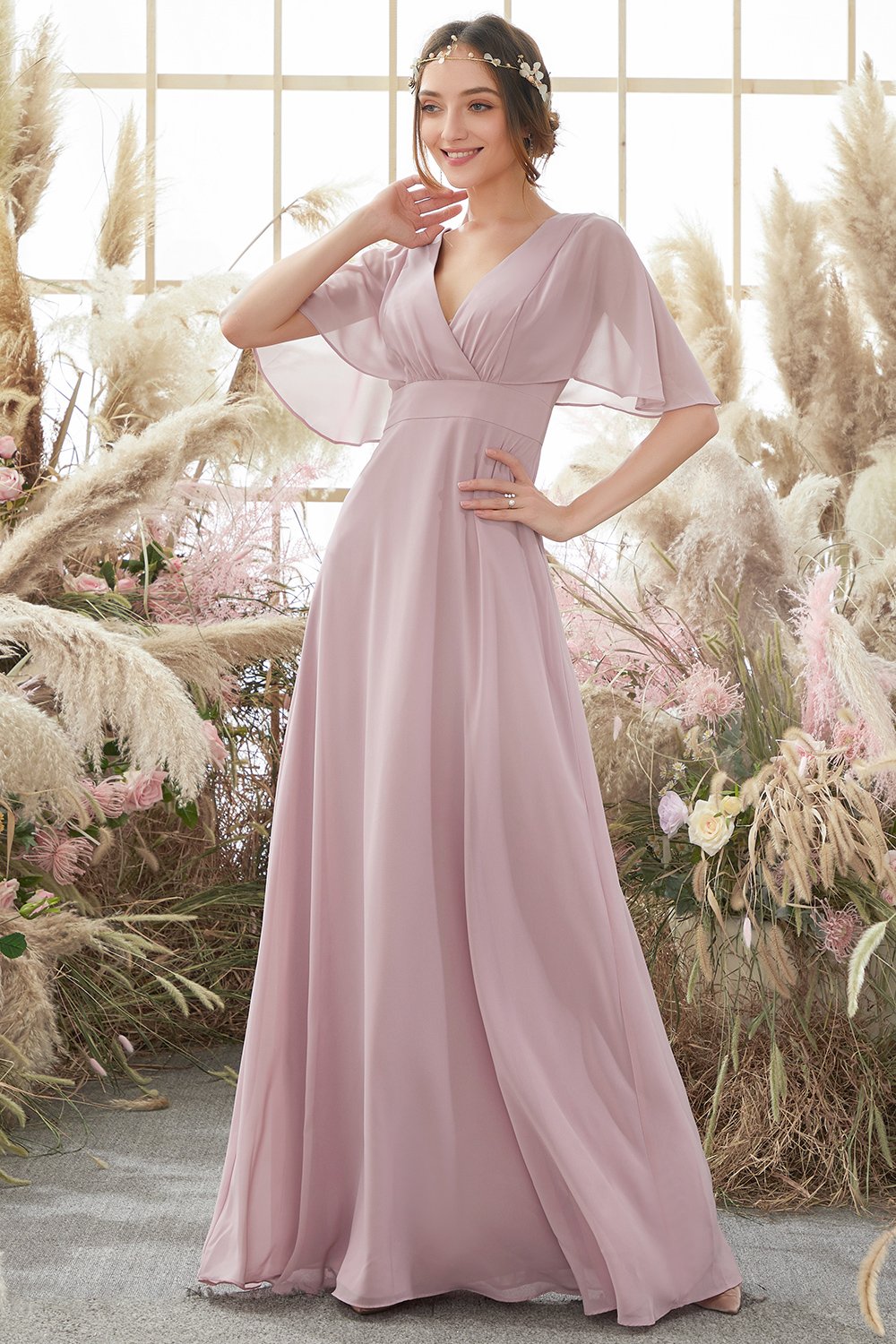 Rosa Batwing mangas gasa vestido de dama de honor
