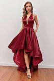 Vestido de fiesta alto bajo burdeos con bolsillos