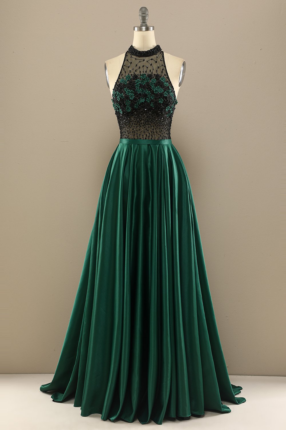 Vestido verde oscuro moldeado largo de fiesta con las flores