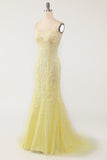 Vestido de fiesta larga de sirena púrpura claro con apliques