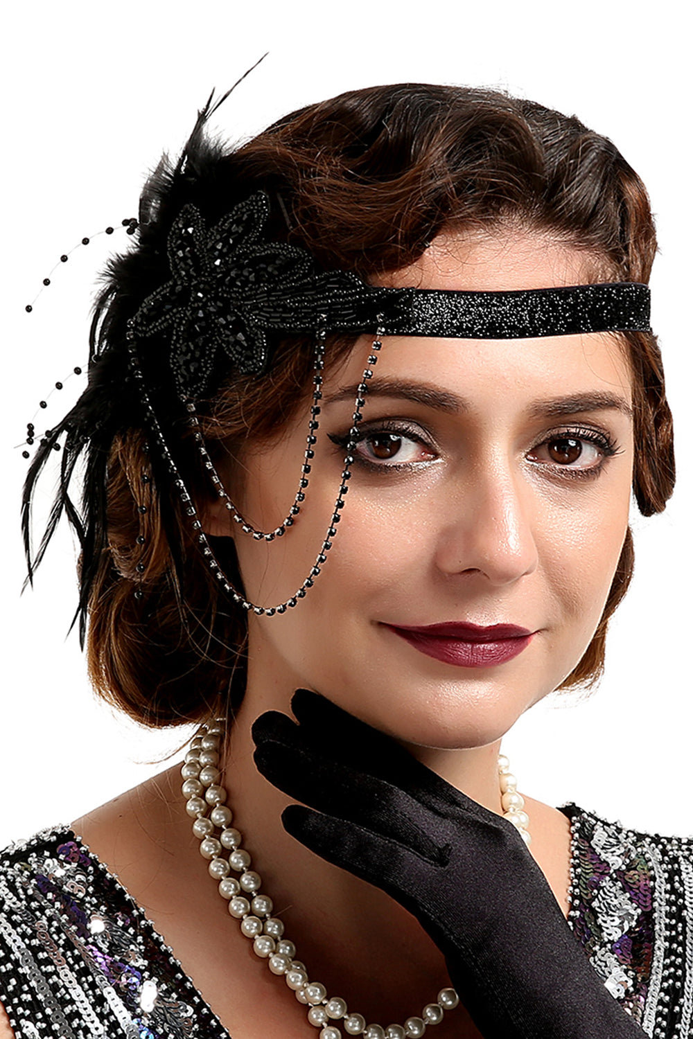 1920 Negro y pluma del oro con cuentas diadema