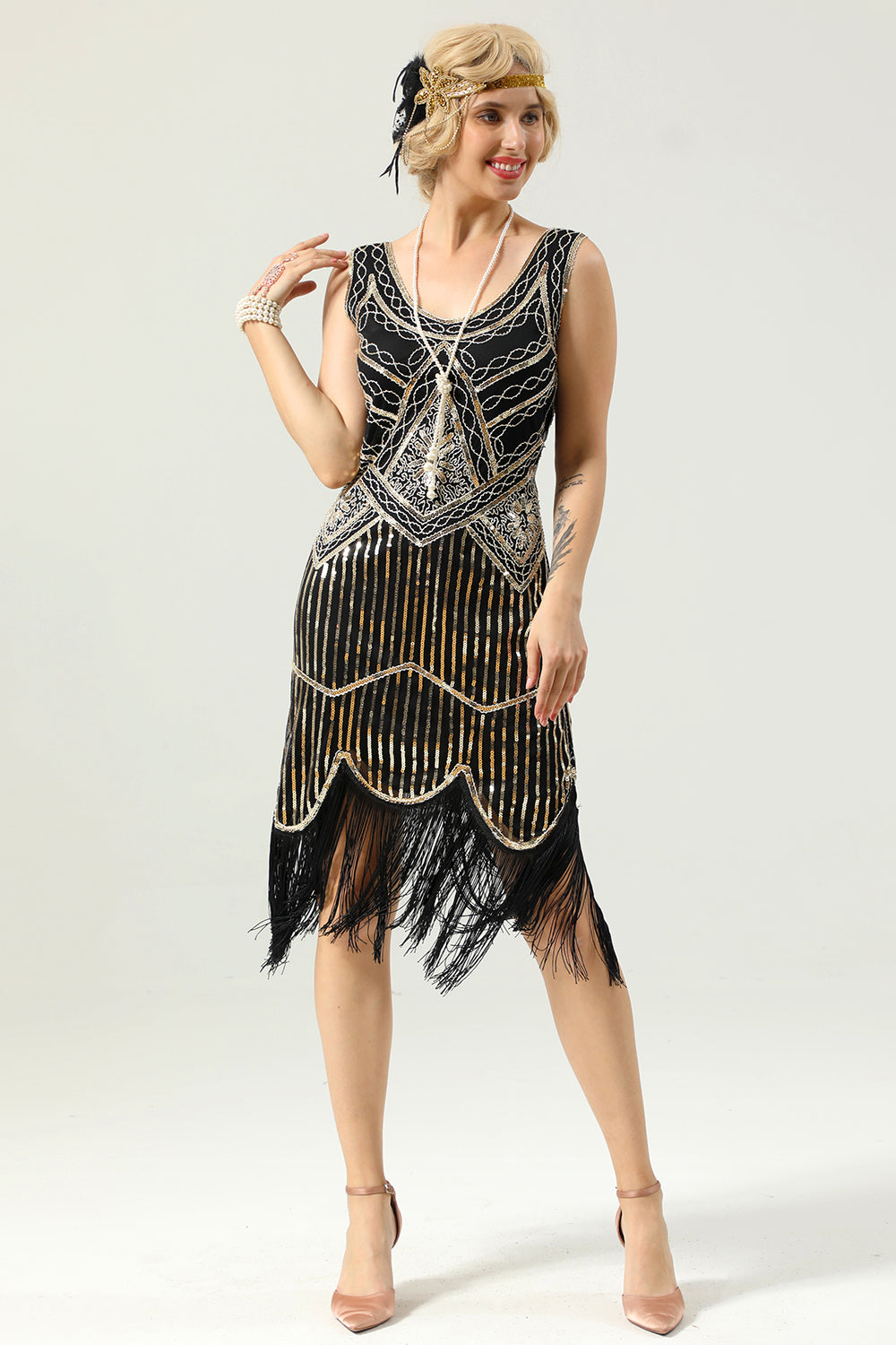 Negro profundo cuello en V vestido de la aleta del 1920
