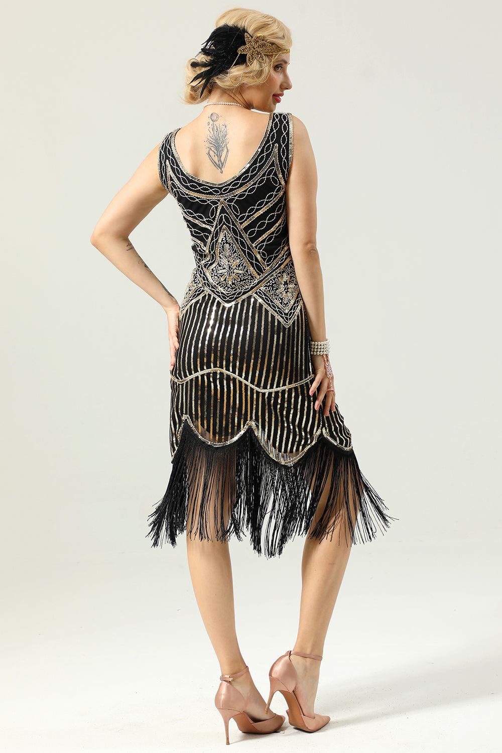 Negro profundo cuello en V vestido de la aleta del 1920