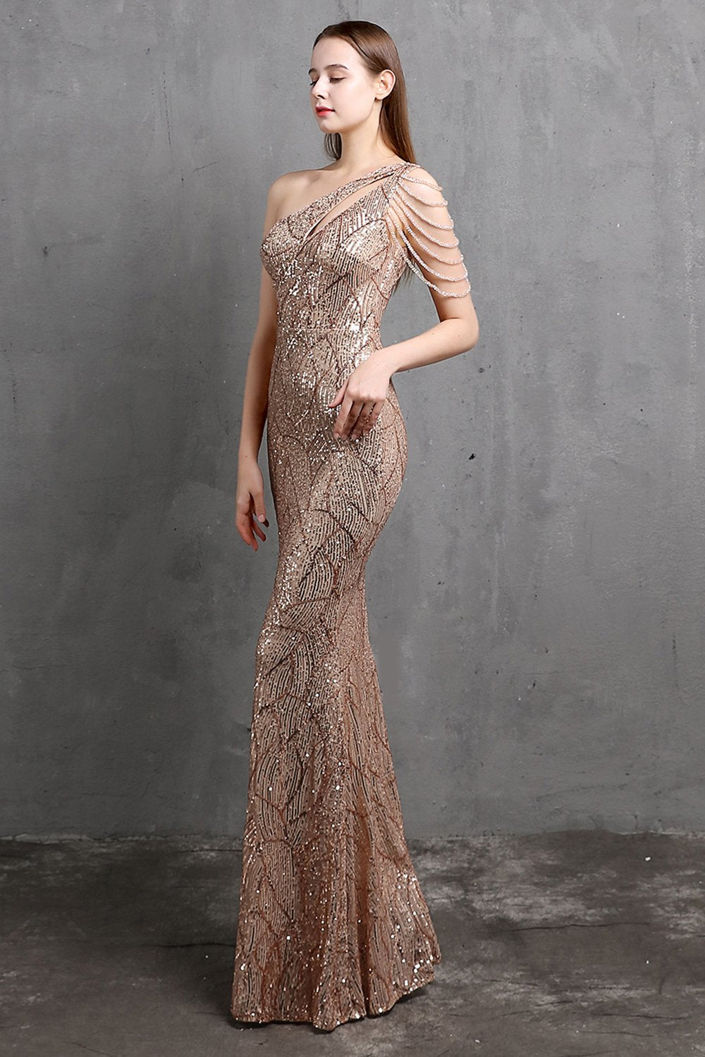 Oro sirena un hombro lentejuelas vestidos de fiesta