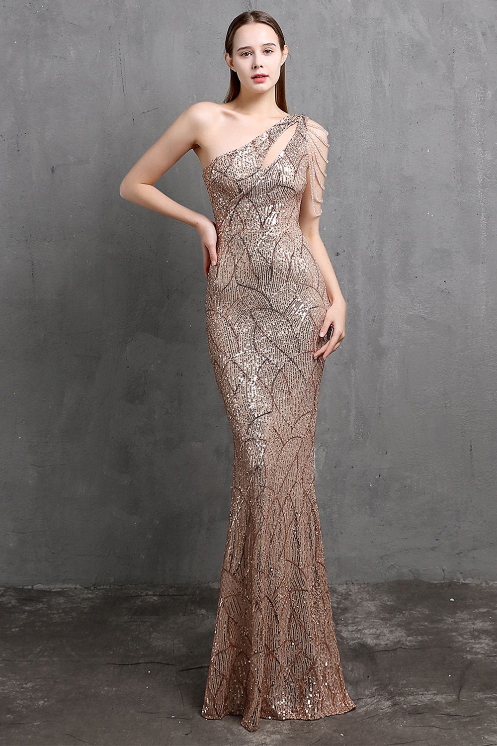 Oro sirena un hombro lentejuelas vestidos de fiesta