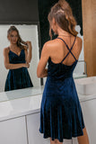 Correas de espagueti verde oscuro terciopelo vestido corto de fiesta
