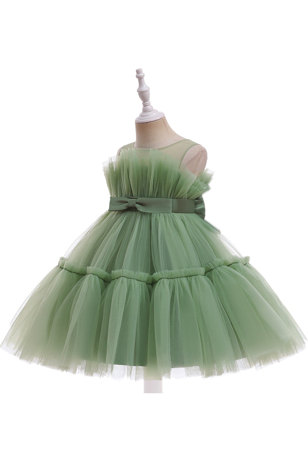 Vestido de niña de flores de tul de cuello redondo verde con moño